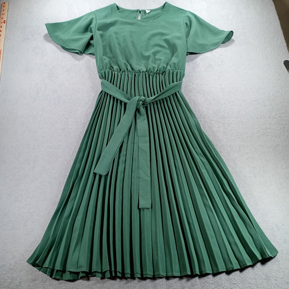 Unbranded Women Pleated Midi Dress Green M Flutter Sleeve Tie Waist